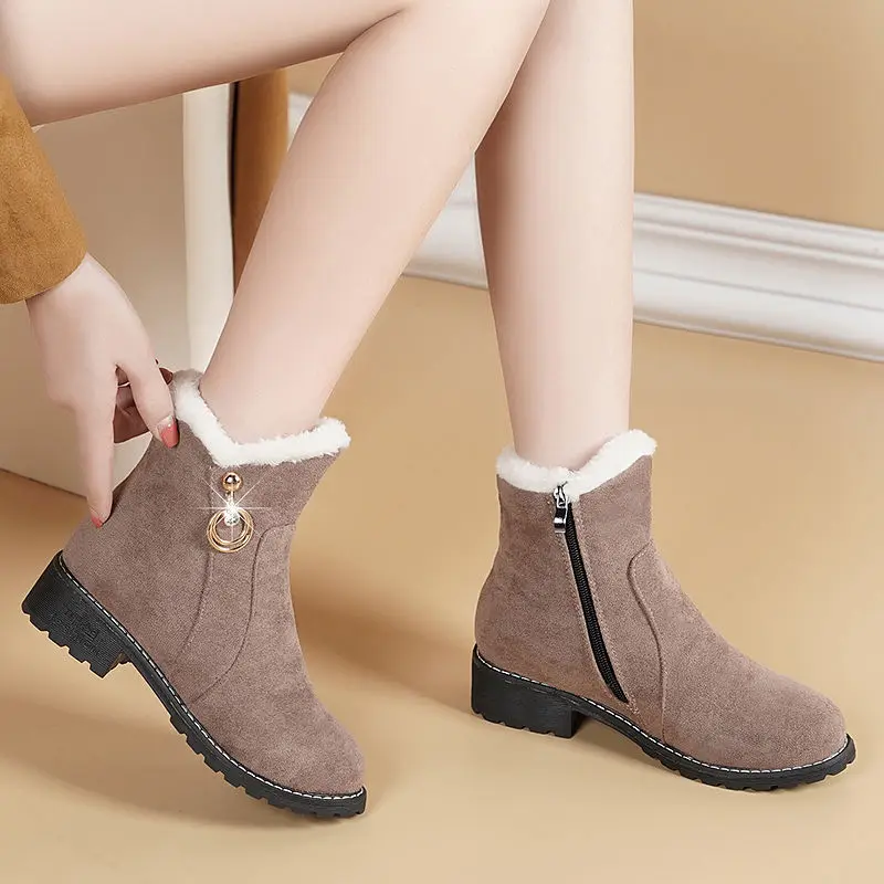 New Women Boots Winter Outdoor Keep Warm Fur Boots Waterproof Women\'s Snow Boots Thick Heel with Round Head Short Boot