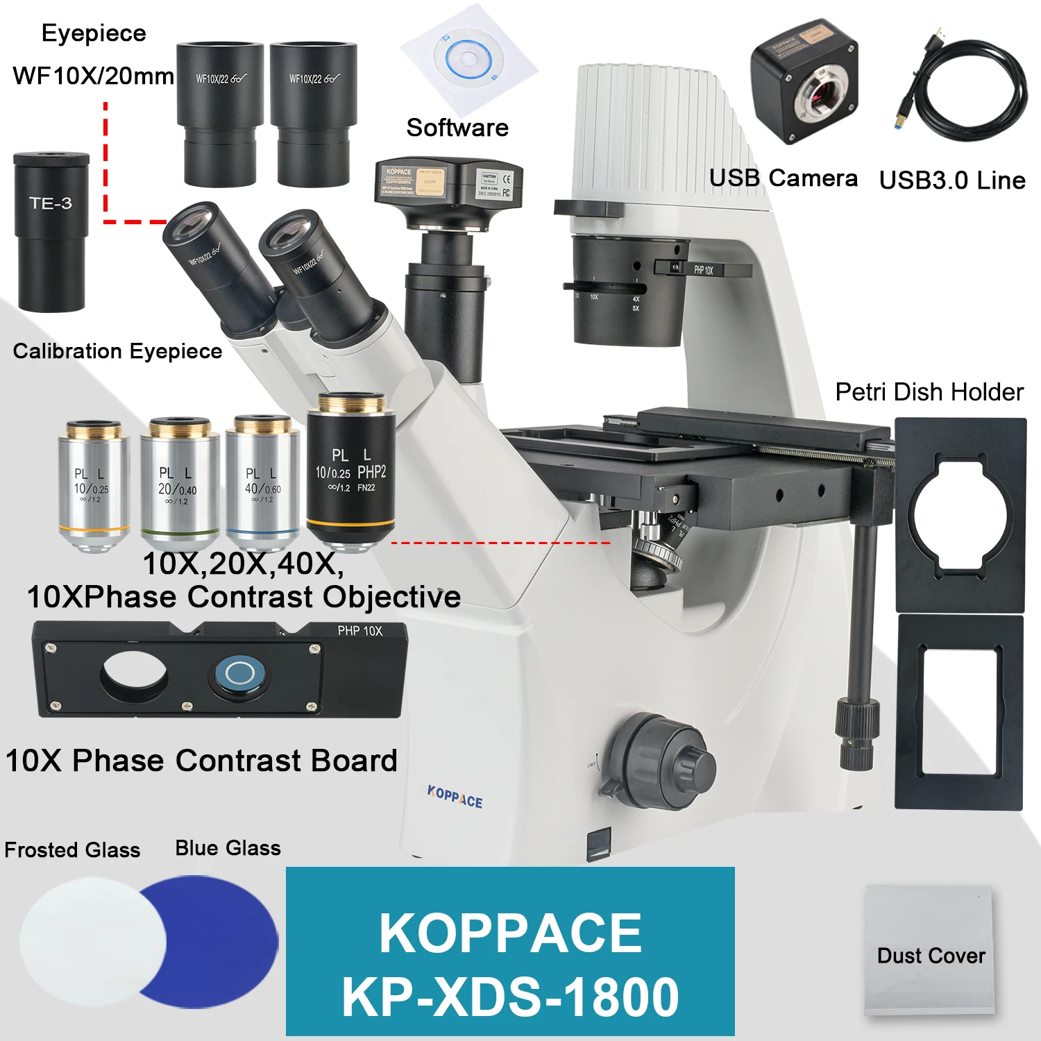 KOPPACE 742X-2968X Inverted Biological Laboratory Microscope Phase Contrast Observation of Cell Tissue 18MP USB3.0 Camera