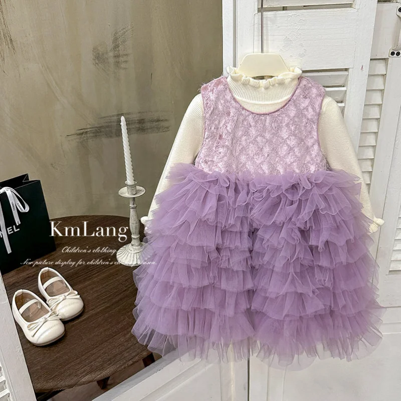 

Girls' Purple Dress with Fleece Lining2025Winter New Sleeveless Vest Princess Dress Mesh Patchwork Cake Dress Trendy