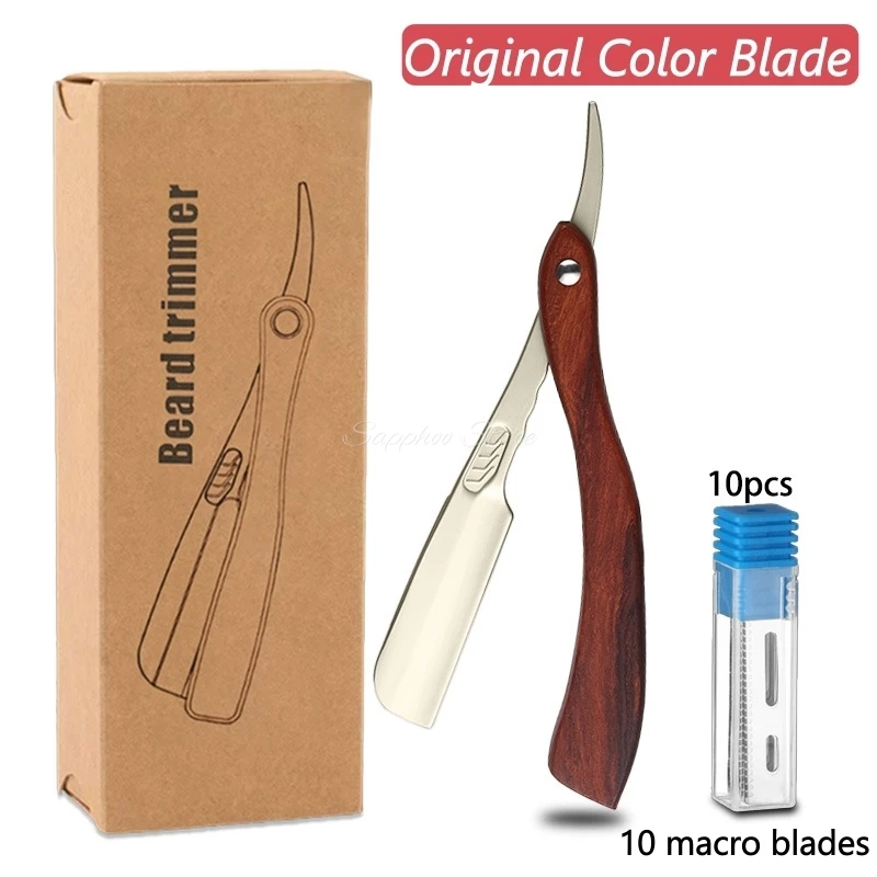 Professional Facial Hair Shaver Beard Trimmer Wooden Folding Straight Razor With 10 Replaceable AC Blade For Beginner & Barber