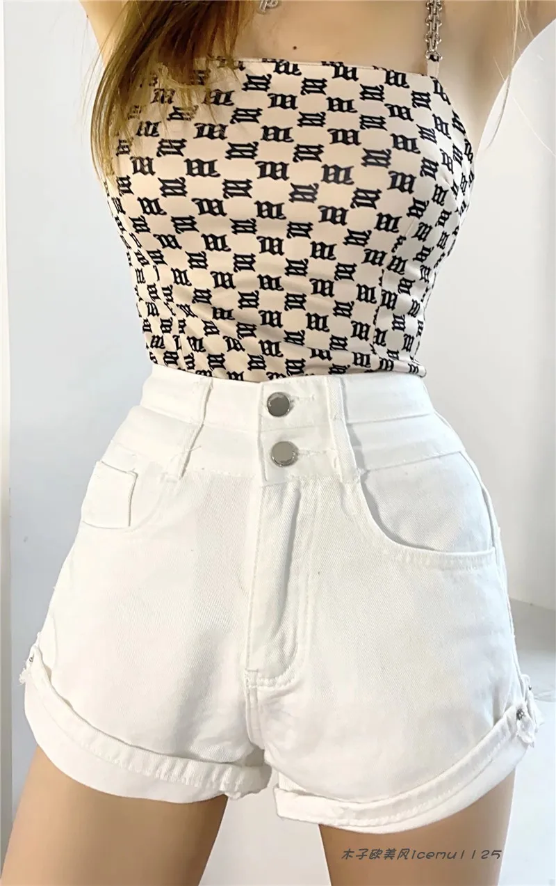 Hohe Taille, weites Bein, Ort-Jeans, Damen, Sommer, neue Ärmel, lockere Passform, zwei Knöpfe, Hotpants, lange Legging-Effekt, lässige Denim-Its