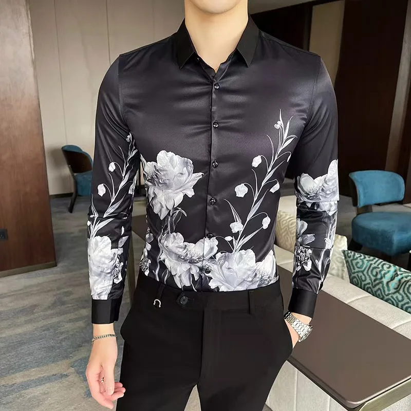 

New Slim Fit Floral Long Sleeve Shirt Luxury Mens Holiday Prom Spring Autumn Fashion Thin Material Special Wide Fit