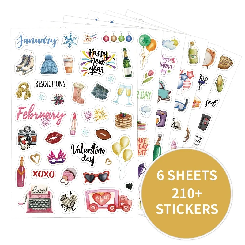 6Sheets Pre-cut Paper Stickers Self Adhesive for Scrapbooking Journal Planner DIY Crafts Decor