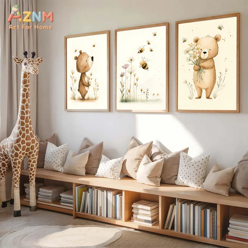 AZNM Watercolor Cute Bear Bee Wildflower Canvas Wall Art Warm Neutral Cartoon Animal Print Sweet Country Style Nursery Kids Bedr
