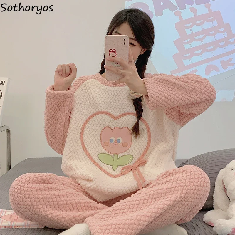 

Coral Fleece Pajama Sets Women Aesthetic Chic Thicken Plus Velvet Winter Homewear Comfortable Kawaii Bow Design Pyjamas