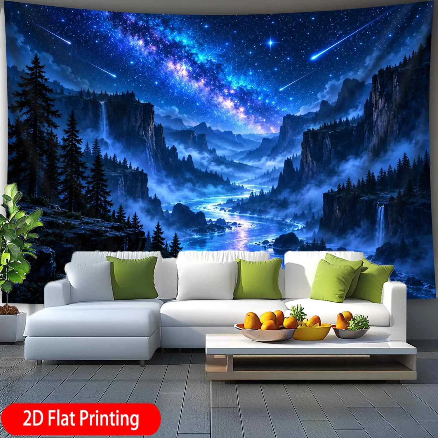 Night Galaxy Tapestry, Bright Milky Way Meteor Mountain Cliff River Fog Forest Scene Wall Tapestry, Nature Scene Decor Home Wall