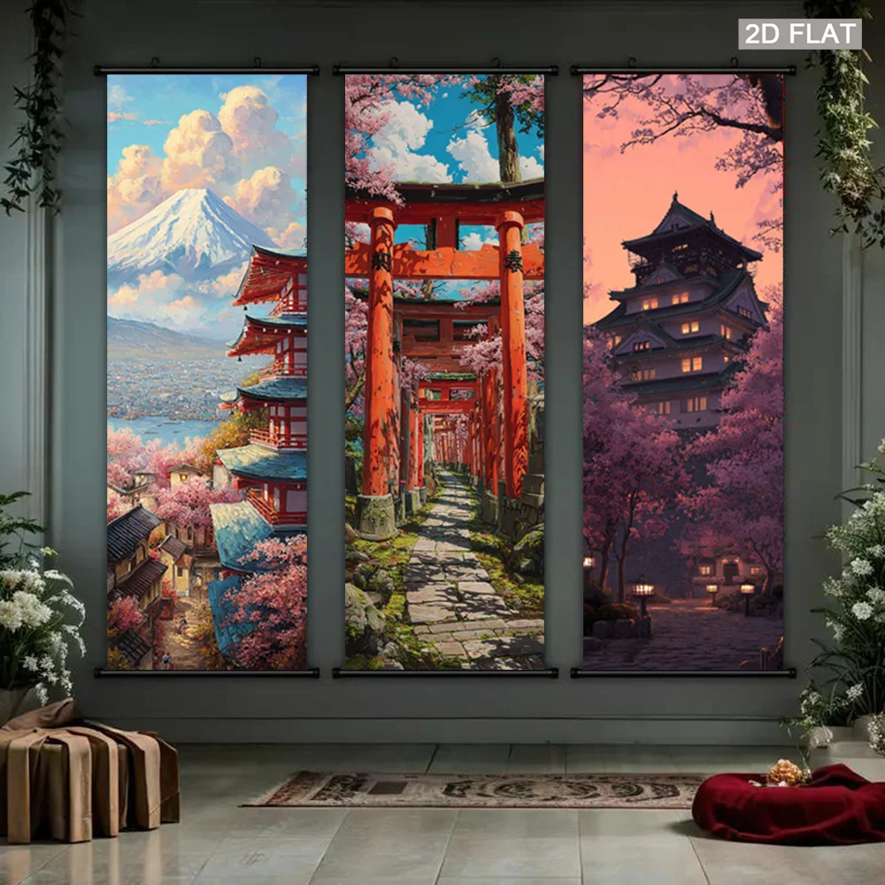 VIKAMA Japanese Torii Gate Mount Fuji Wall Art Hanging Scroll Poster Sakura Castle Canvas Painting for Living Room Bedroom Decor