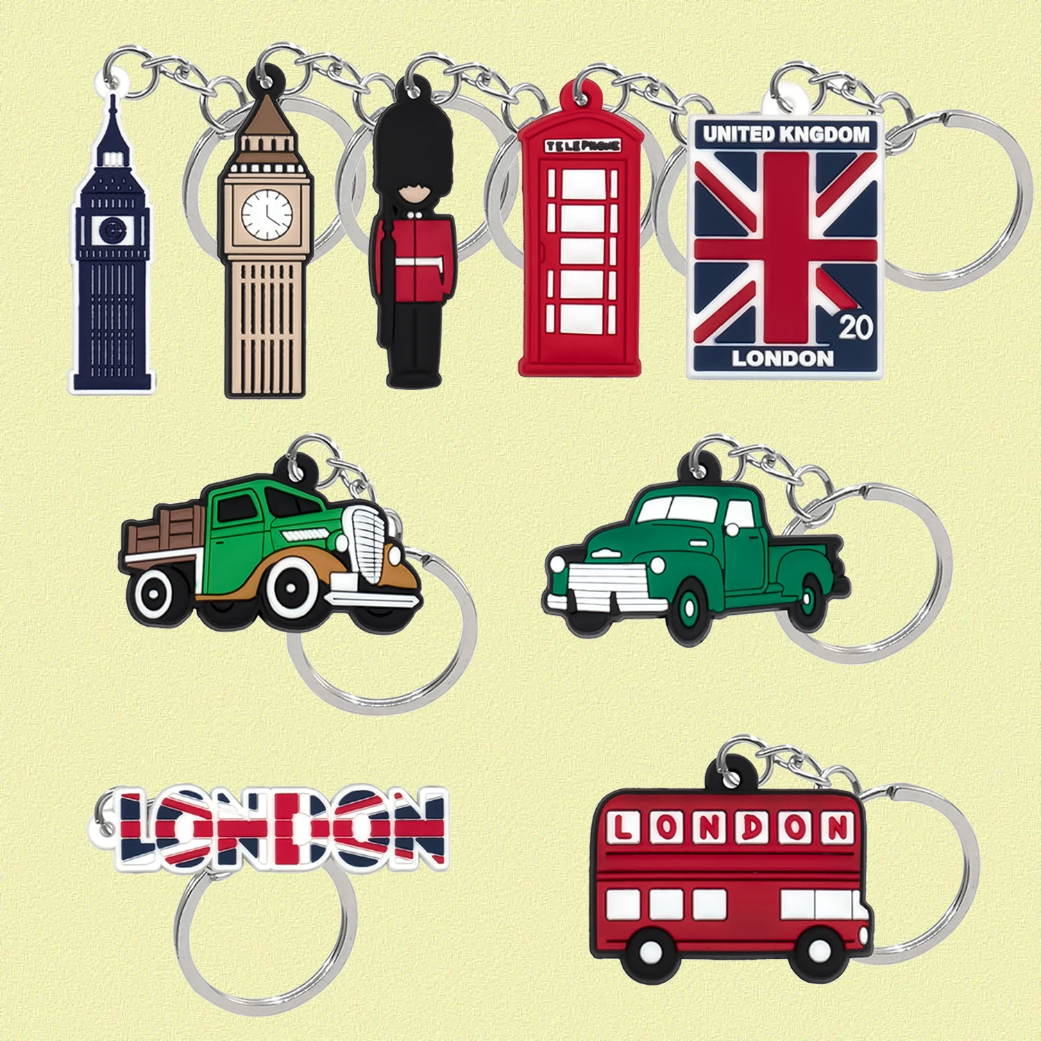 20PCS English Style PVC Keychain Big Ben Phone Booths Key Ring Buses Trucks Key Chain Conscript Handbag Accessories for Women