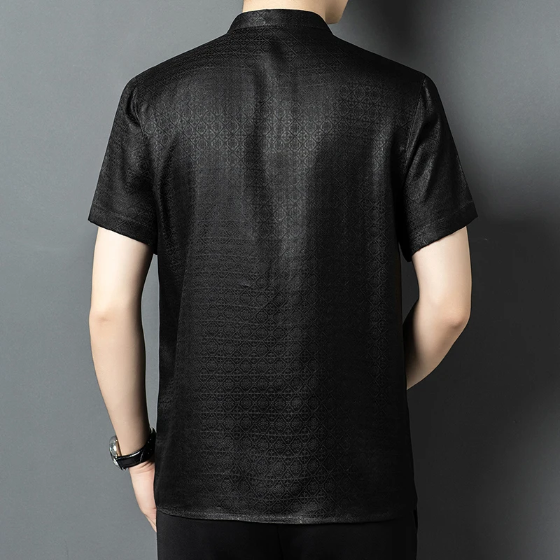 Covered Button Premium Shirts For Men Short Sleeved Tang Costume Summer Quality 100% Mulberry Silk Lightweight Camisas De Hombre