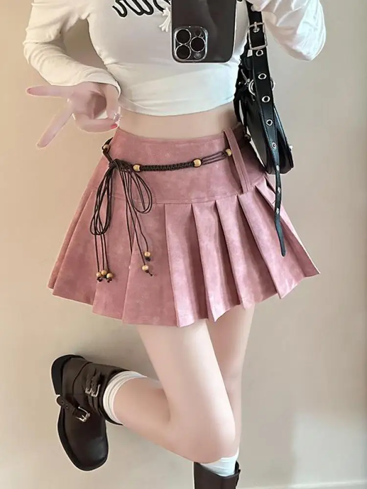 Femmes coréennes marron gris Sexy taille haute en cuir Pu jupe courte automne hiver rose élégant Style Preppy plissé Mini jupe à la mode