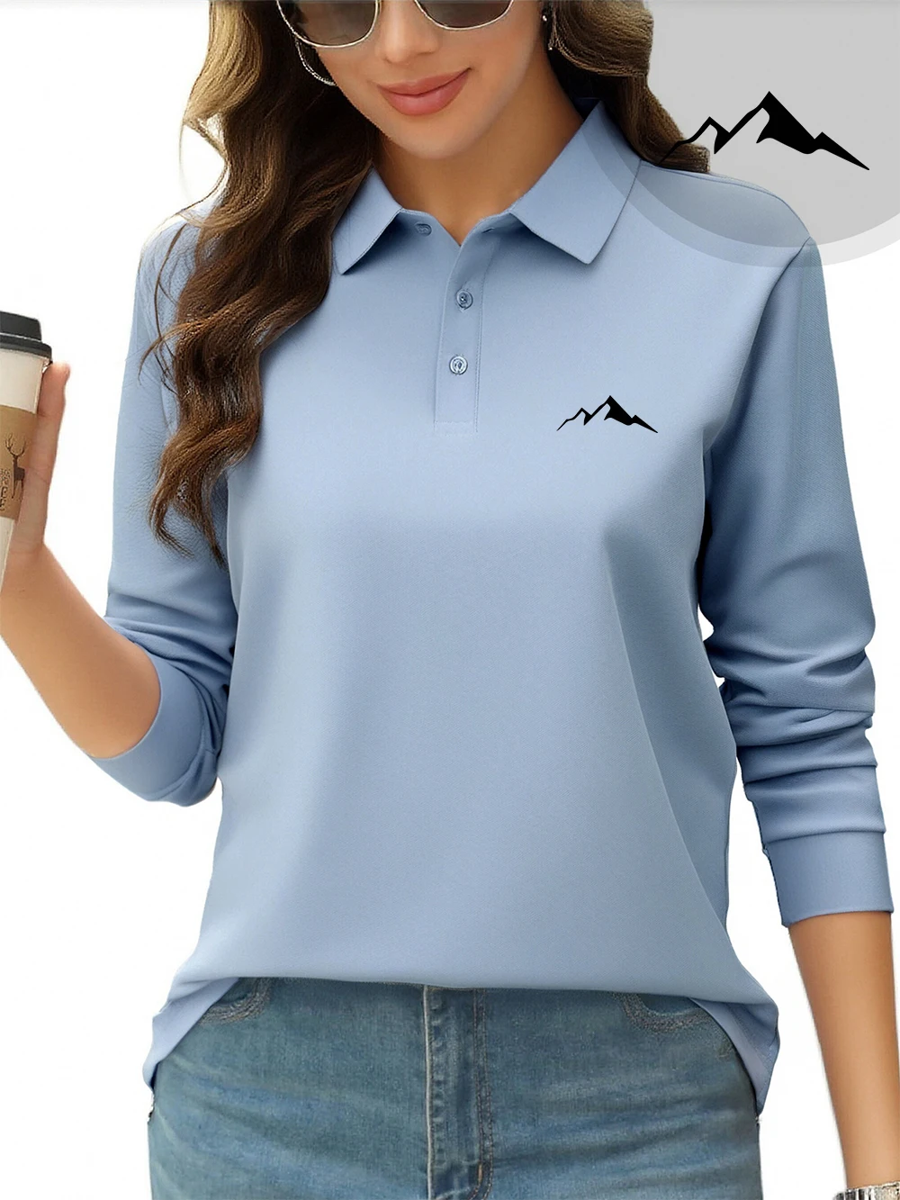 Simple Mountain Printing Poloshirt Damen Herbst Winter Atmungsaktive Tops Pendeln Lange Ärmel T-Shirts Sportliche Damenbekleidung