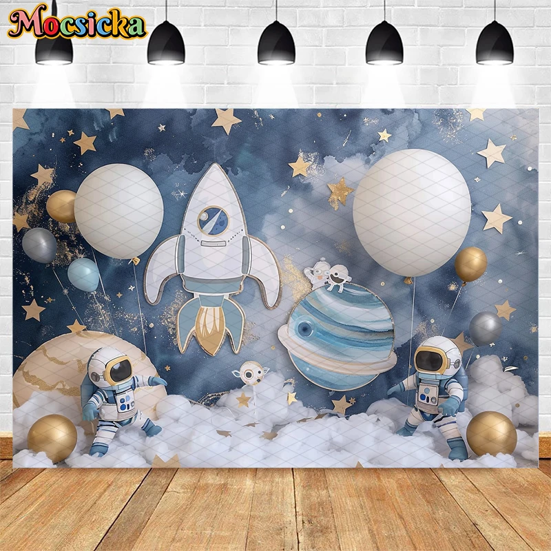 Mocsicka Photography Background Space Astronaut Galaxy Balloon Decor 1st Birthday Party Boy Cake Smash Backdrop Photo Studio