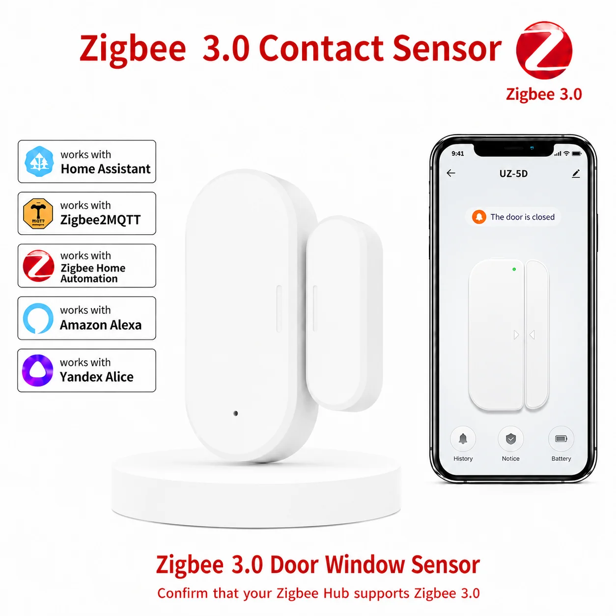 Capteur de contact pour porte et fenêtre Zigbee 3.0, hub Zigbee requis, compatible avec Home Assistant, Yandex, ZHA, Zigbee2MQTT, Alexa