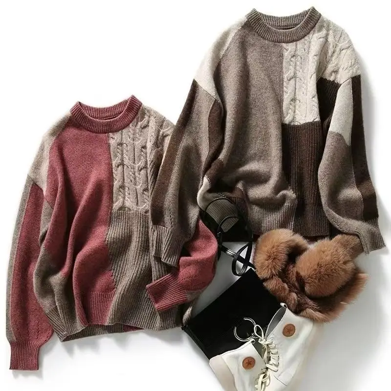 Truien Ronde Hals Patchwork Losse Solid Vrouwen Kleding Herfst Winter Dunne Modieuze Temperament Truien Gebreide Casual