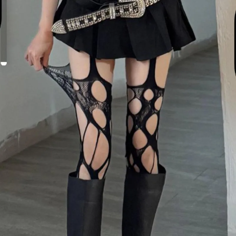 Sexy Hollow Out Fishnet Suspender Tights Irregular Cutout Garter Stockings Punk Gothic Mesh Pantyhose for Women Club Streetwear