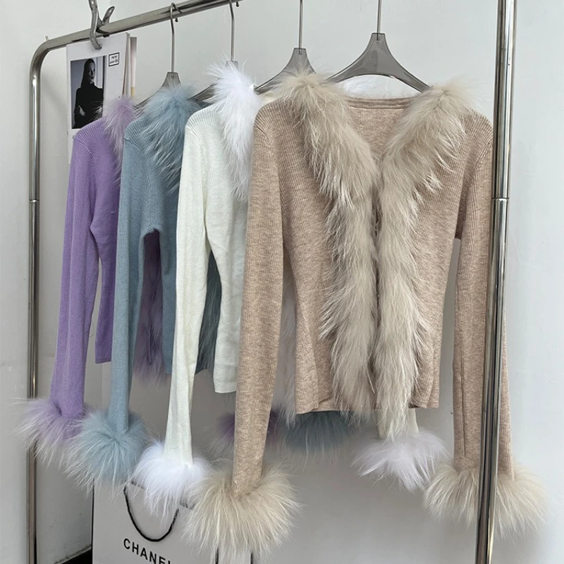 

2025 Autumm Winter Women Knitted Short Sweater With Real Raccon Fur Long Sleeves Warm V-neck Skim Cardigan Jacket Female Outwear