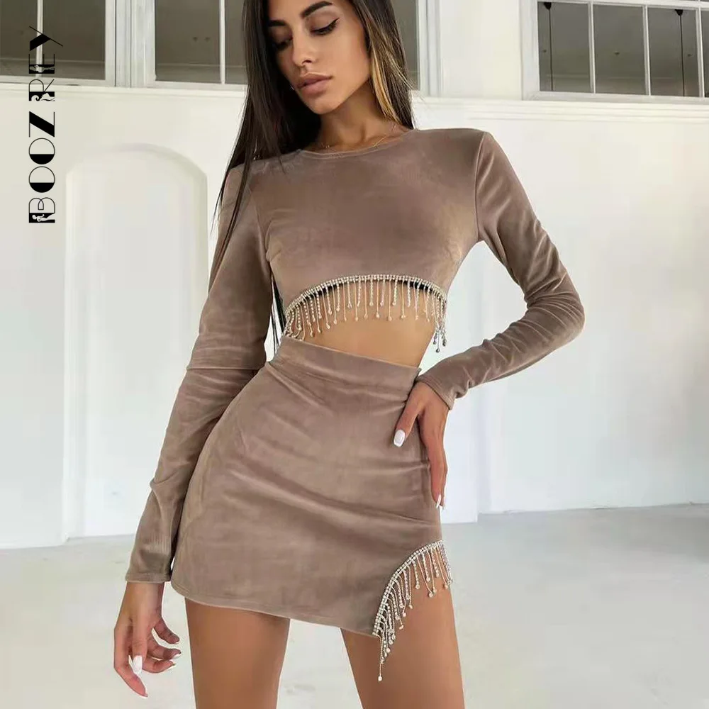 BoozRey Sexy Velvet Open Back Mini Skirt Set Women Solid Long Sleeve Top Rhinestone Tassel Split Skirt Elegant Party Club Wear