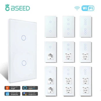 BSEED Wifi Switches Normal Sockets USB C Phone Charger Dual Smart Wall Light Switches Glass Support Tuya App Alexa Yandex Control