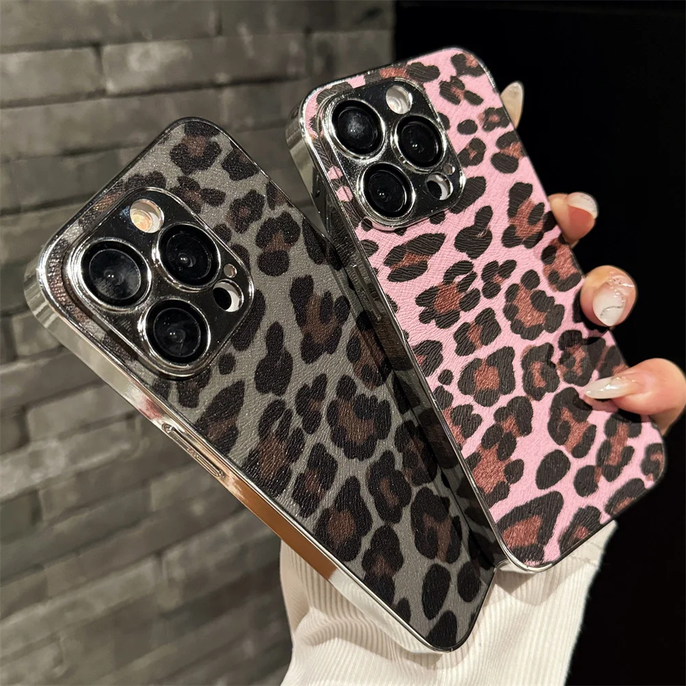 Creative Leopard Print Leather Bumper Phone Case For iPhone 16 15 14 Plus 13 12 11 Pro Max Plating Camera Lens Protective Cover