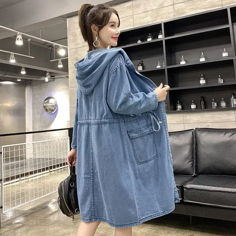 

Women's Hooded Denim Jaet Long Sve Midi Coat Cardigan Sle Korean Version Slim Fit Cotton Blend Spring Summer