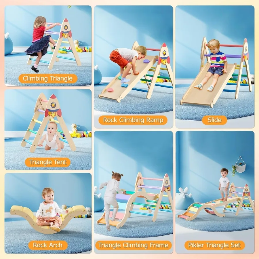 쿠션이 포함된 피클러 삼각형 세트 9in1 유아용 등반 장난감 13개 몬테소리 유아용 실내 대형 목재 등반 장난감