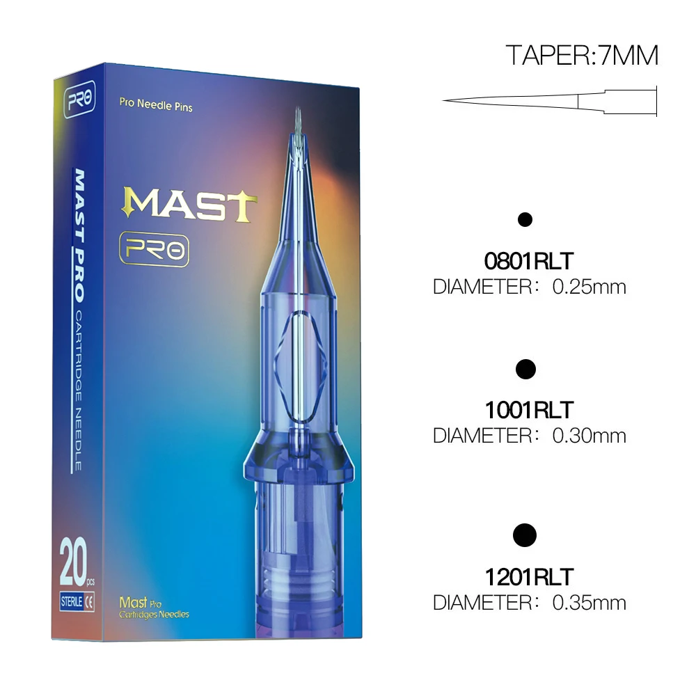 PRO 20pcs 1RLT 08/10/12 7mm Taper Gesteriliseerde Tattoo Cartridge Naalden Supply Make Permanente Ronde Liner 0.35/0.30/0.25mm