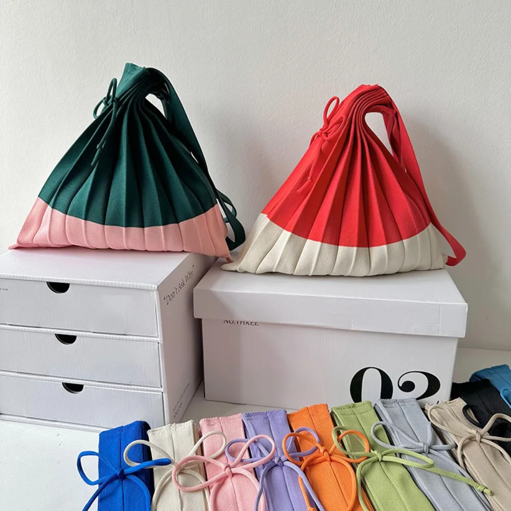 

Handbag Knit Folding Shopping Bag Shoulder Pouch Eco-Friendly Foldable Eco Bag Large Capacity Contrast Color Pleated Bag Outdoor