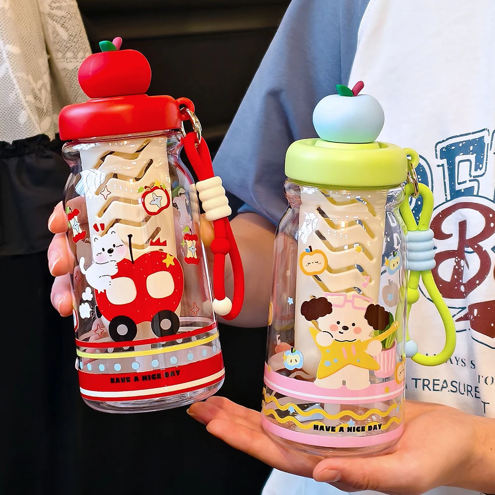 Summer Cute Apple Topper Water Bottle with Filter Straw & Lanyard BPA-Free Portable Drinking Cup for Kids Girls School Travel