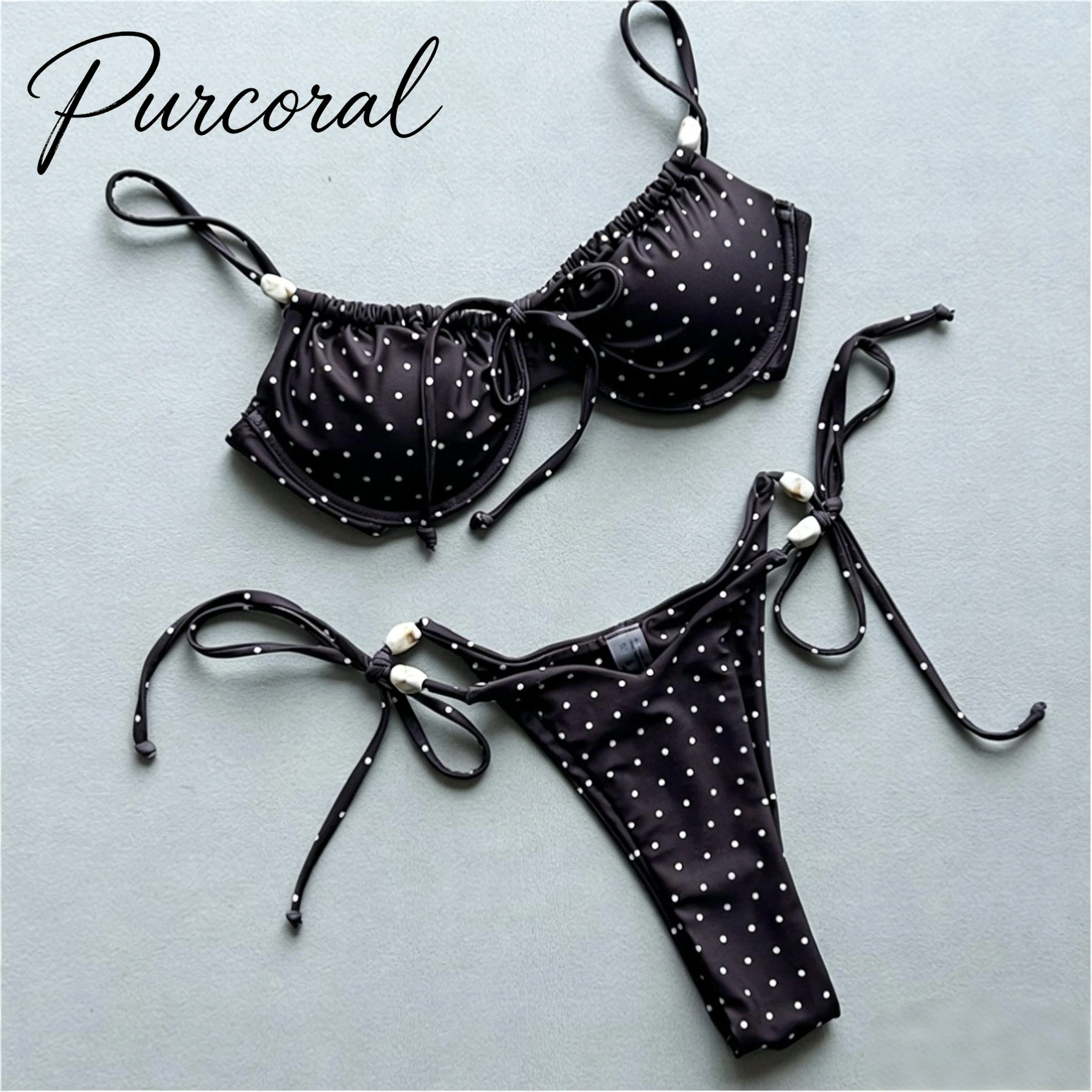 Purcoral Black White Polka Dot Bikini Set Underwire String Tie Thong Bottom 2 Piece Women Beach Swimsuit Summer Bathing Suit