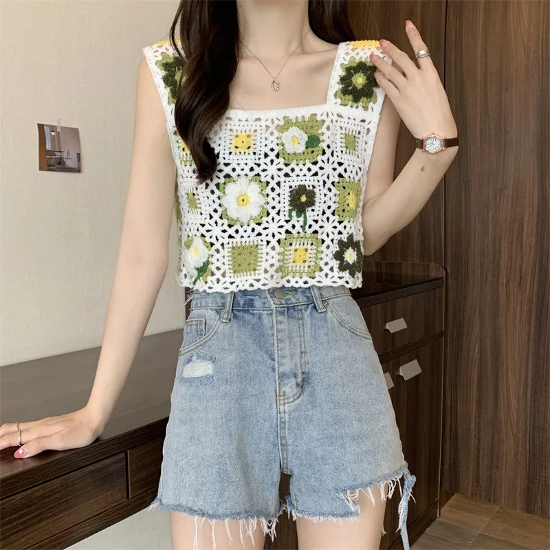 

Summer Vaion Sle Hollow out Knitted Vest Women's Square Collar Plaid Splice Color ort Top Small Strap Knitwear