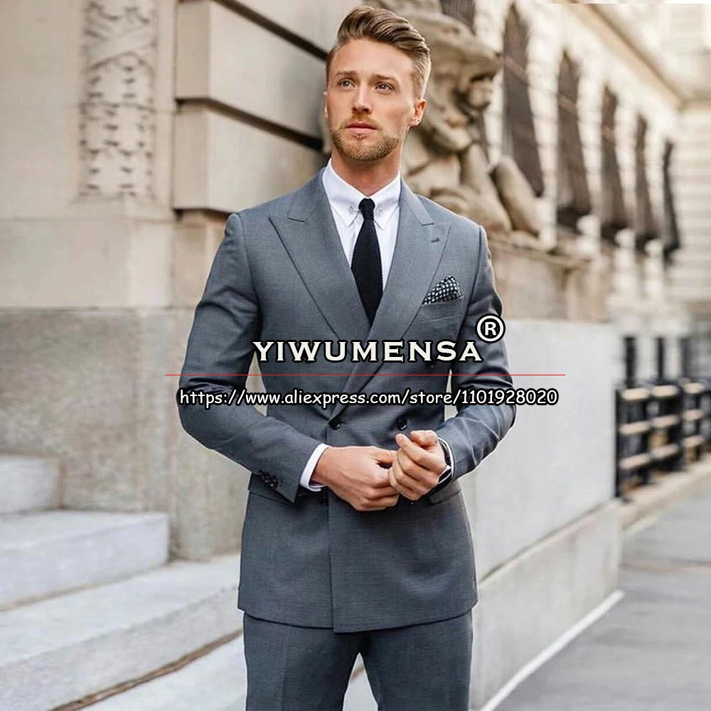 

Business Suits Men Classic Grey Blazer Tailore-Made 2 Pieces Formal Prom Party Jacket Groom Wedding Tuxedo Double Breasted Coat