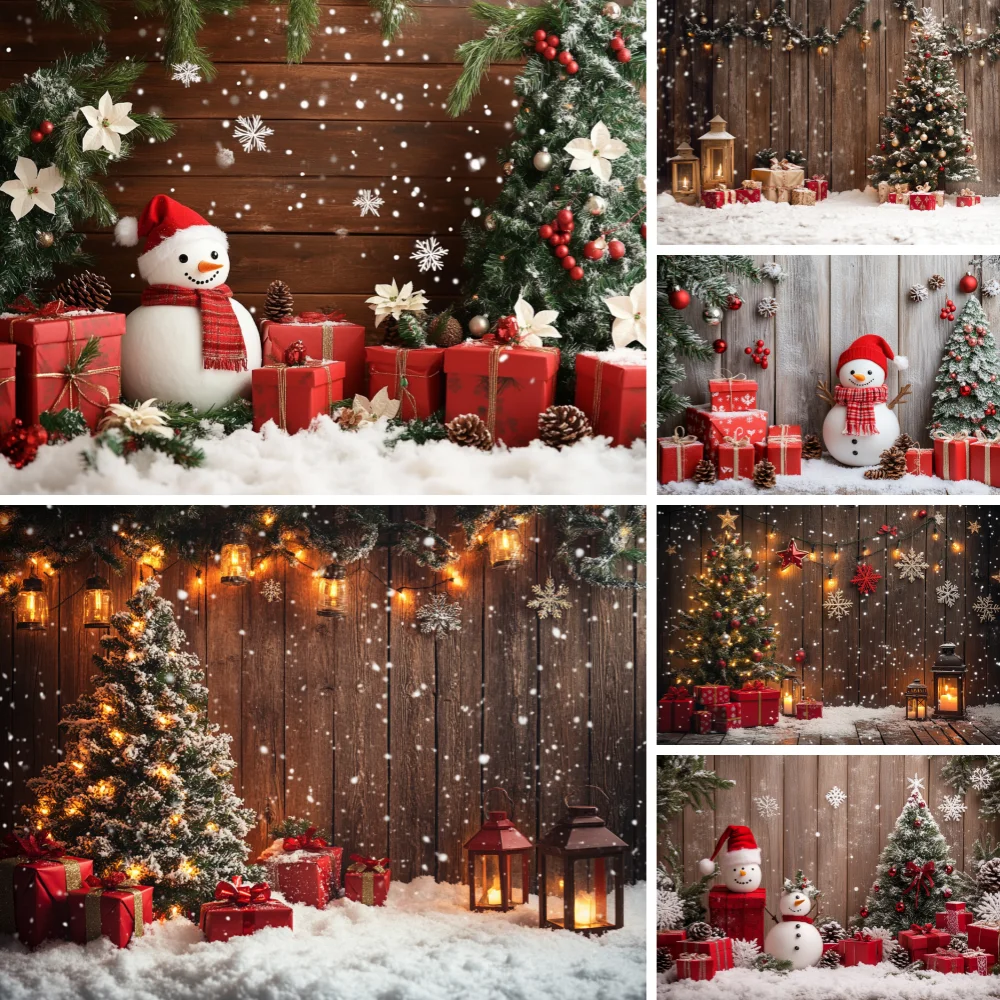 

Christmas Decoration Backgrounds For Photographs Retro Wooden Board Winter Snowman Xmas Tree Gift Family Party Portrait Backdrop