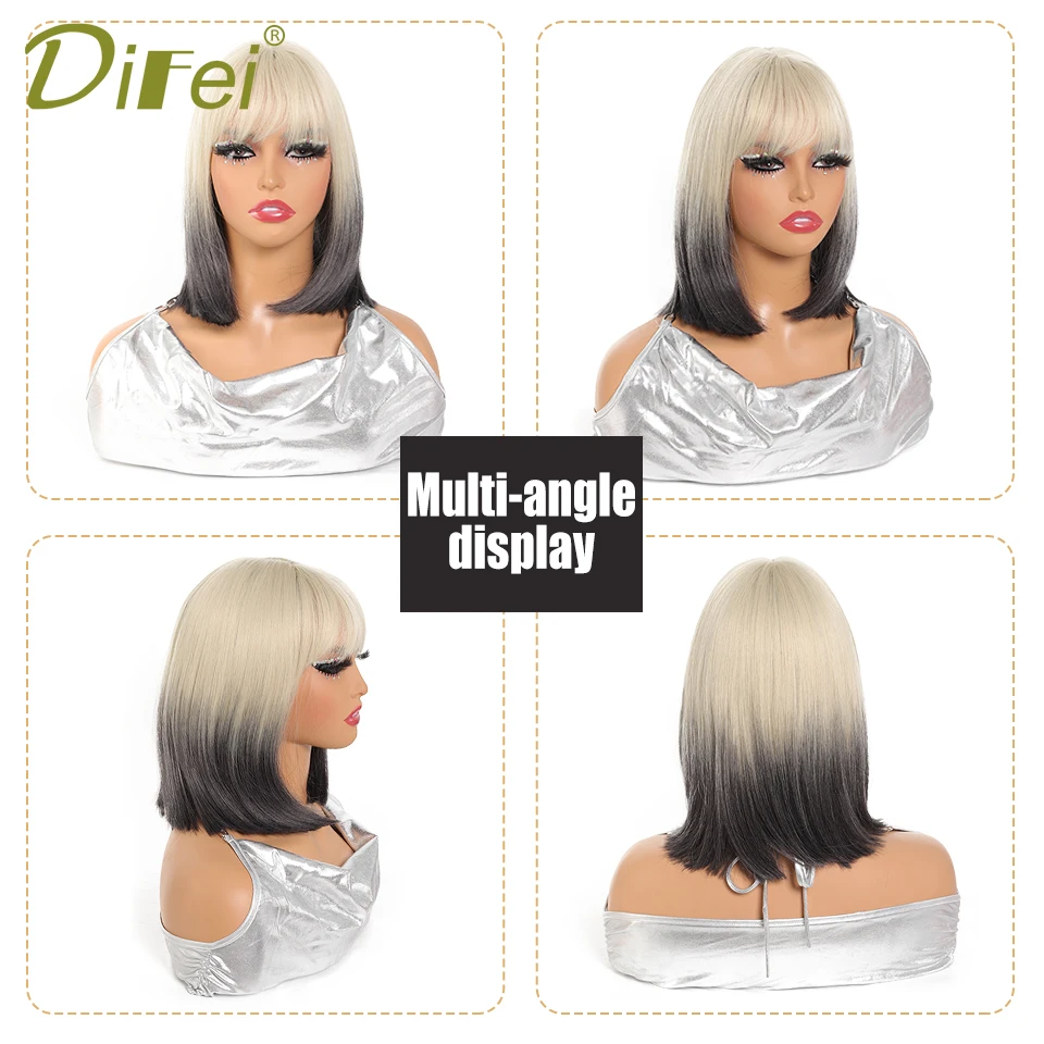 Gradual Short Straight Hair Synthetic Wig Female Milk Gold Gradient Black Straight Bangs Straight Hair Full Head Wig