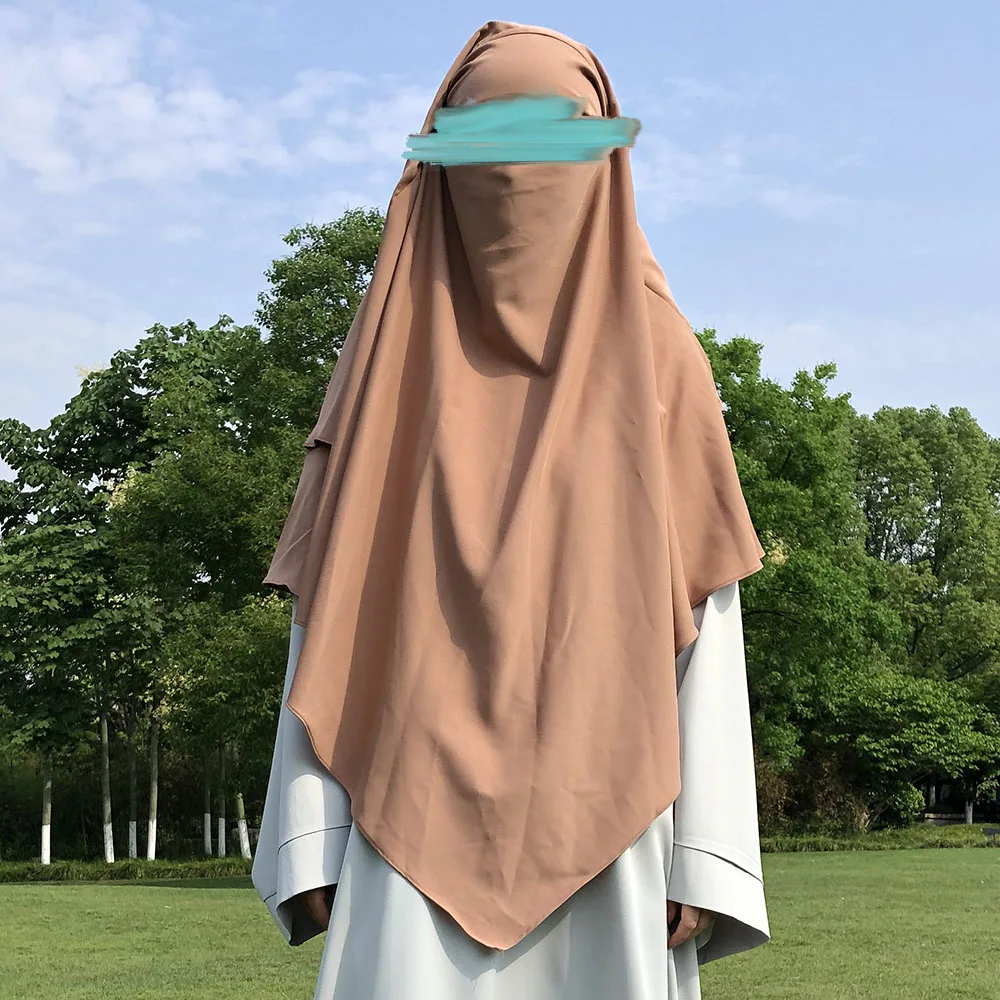 Flowy Nida 2 Layer Khimar Eid Prayer Overhead Long Hijab with Niqab Strings Solid Color Gown Islamic Women Ramadan Muslim Khimar