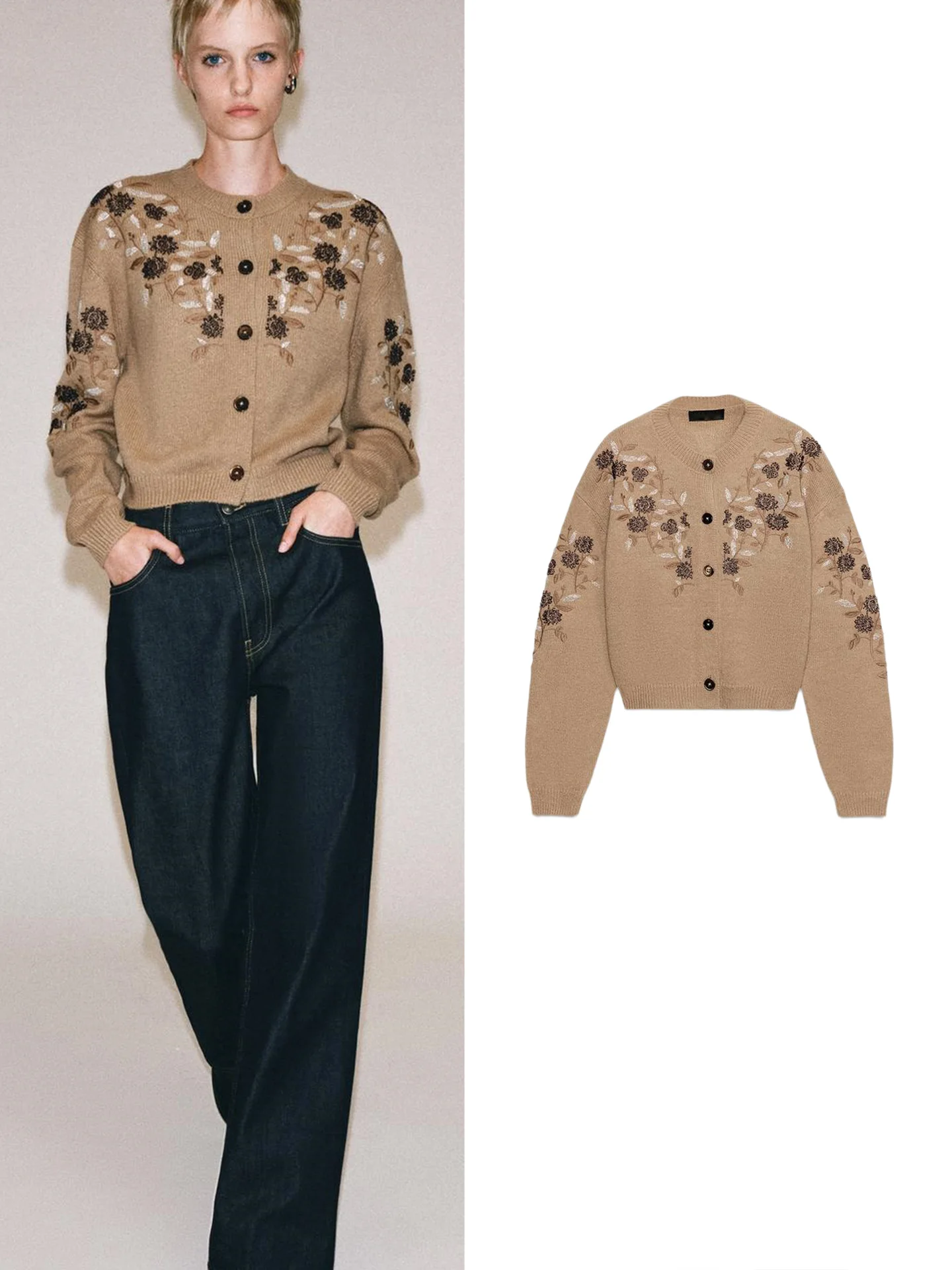 New Autumn Women's Long Sleeve round Neck Single Button Embroidered Beaded Ribbed Layered Short Knitted Jacket Casual Style P...