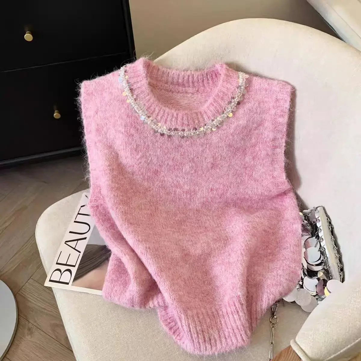 الوردي الترتر الكورية محبوك سترة المرأة بلايز س الرقبة الصلبة تانك Mujer دي مودا 2025 صيف جديد موضة الإناث أكمام رداء علوي غير رسمي