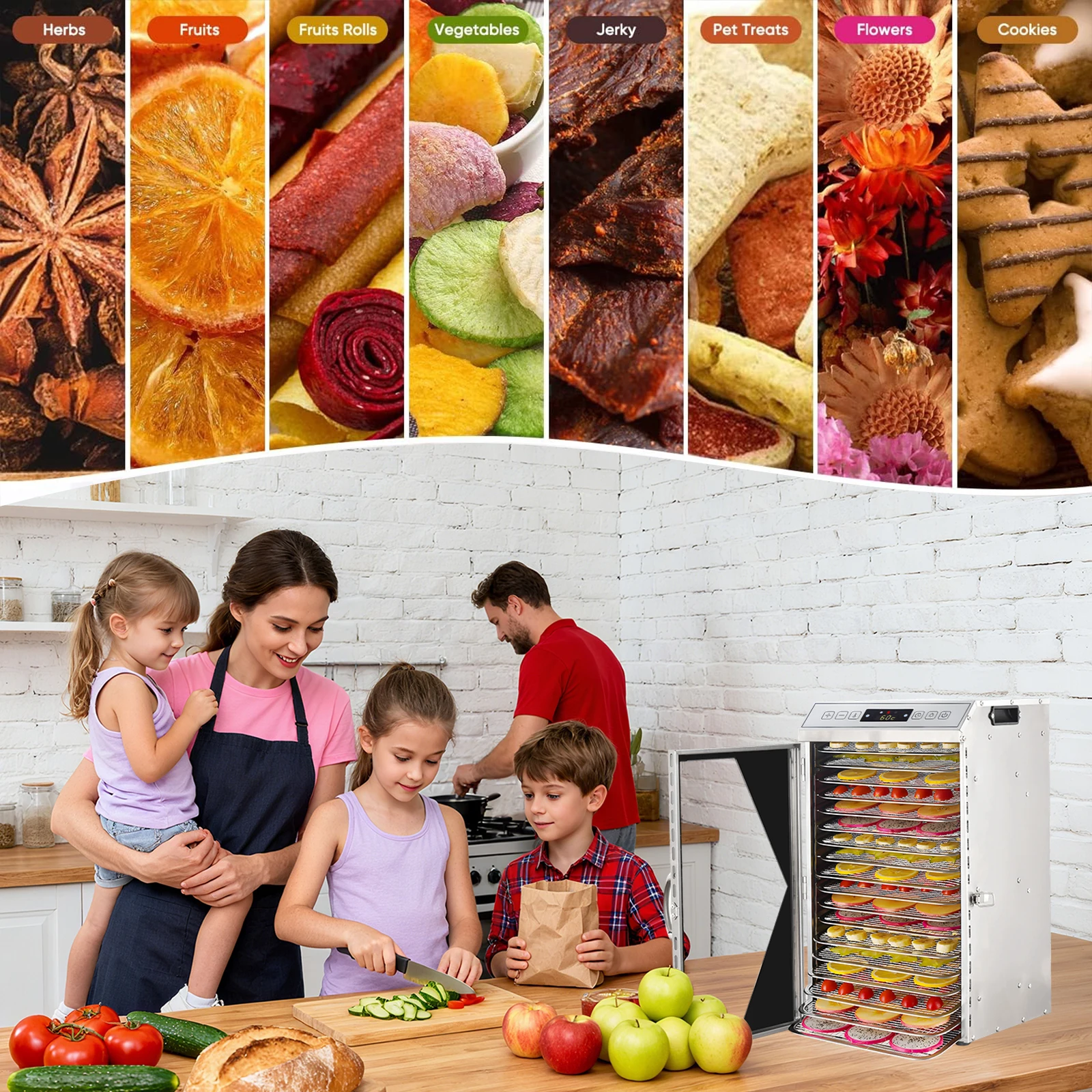ماكينة تجفيف الطعام 800 وات حتى 194 ℉ 18 صينية مجفف طعام تجاري 24 ساعة مجفف فواكه كهربائي للوجبات الخضار واللحوم #3