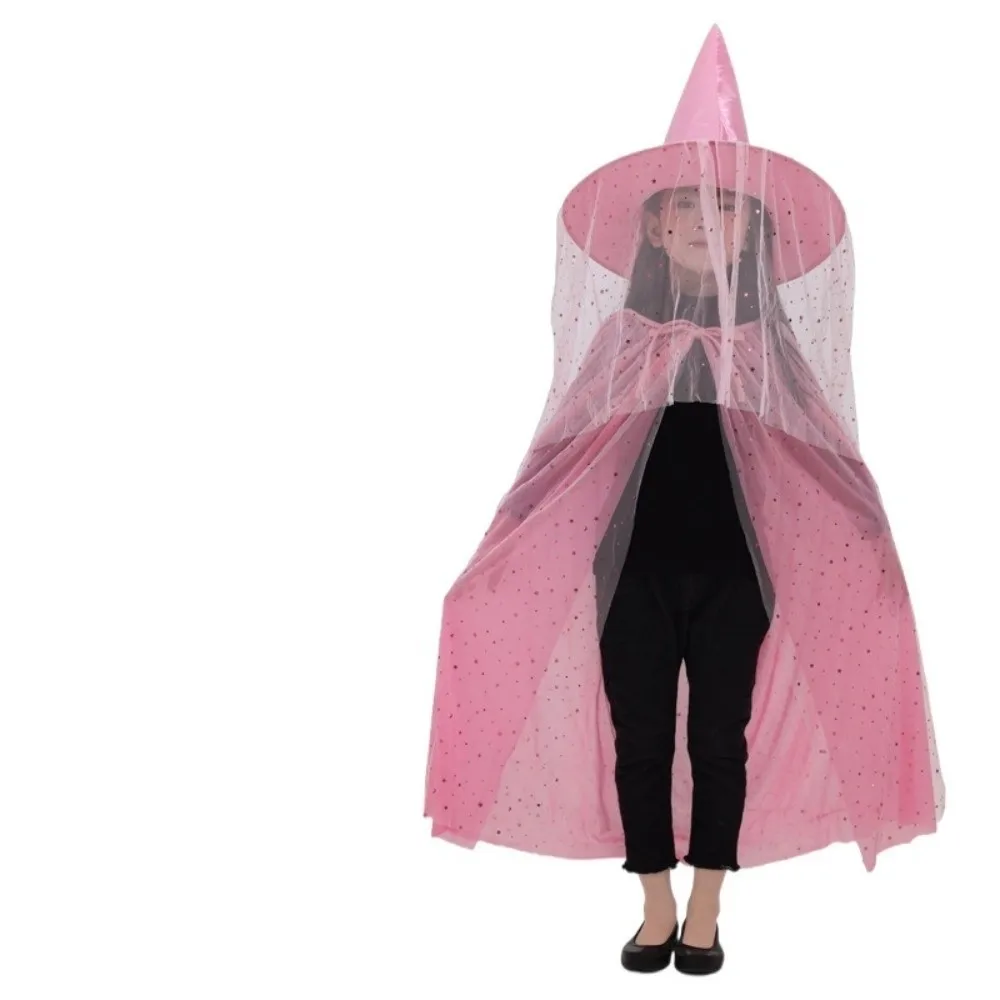Jubah Halloween Dua Lapis Manis dengan Topi, Jubah Kostum Anak Halloween Berbahan Jala Bintang, Set Jubah Cosplay dengan Topi untuk Pertunjukan