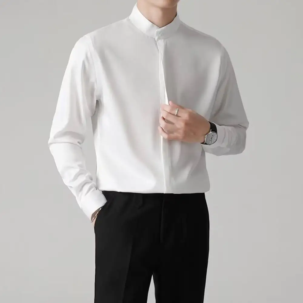 Mens Spring Autumn Shirt New Chinese Style Stand Collar Loose Fit Solid Color Casual Business Elegant Clothing
