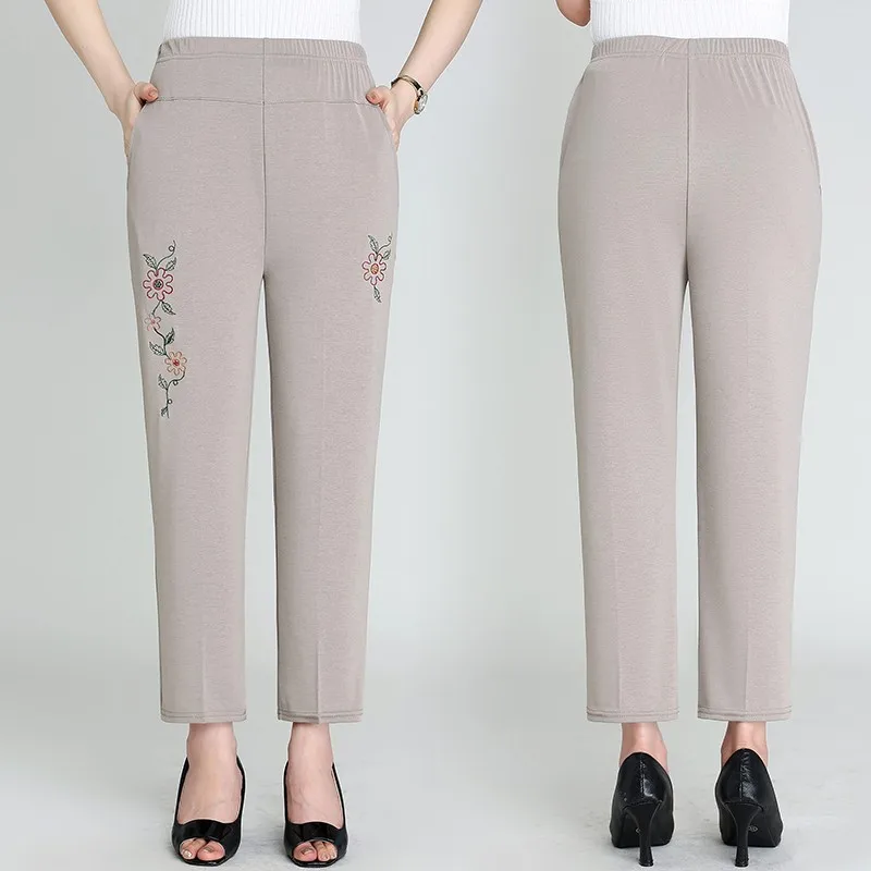 Large Size Women Pants Spring Summer Ice Silk Elastic Waist Female Trousers embroidery Middle Aged Mother Stretch Pants XL-8XL