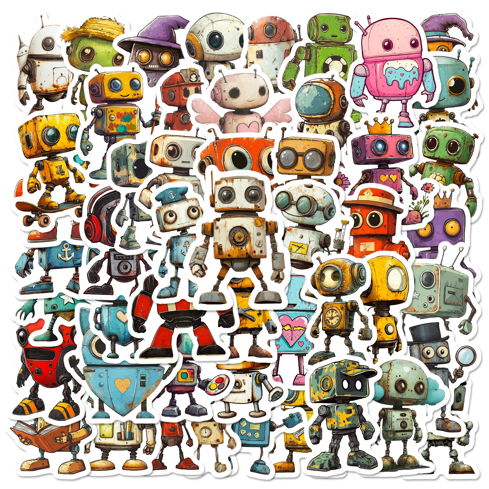 50 Stück Vintage Roboter-Graffiti-Aufkleber, Niedliche Cartoon-Vinyl-Sticker für Scrapbooking, Journaling & Tägliche Dekoration