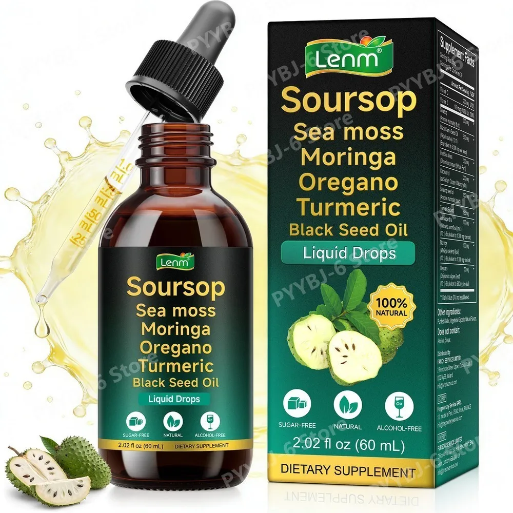 Lenm Soursop Sea Moss Liquid Drops for Digestive Wellness with Vitamin C & Vitamin D, Oregano Leaf, Irish Sea Moss Natural 60 ML