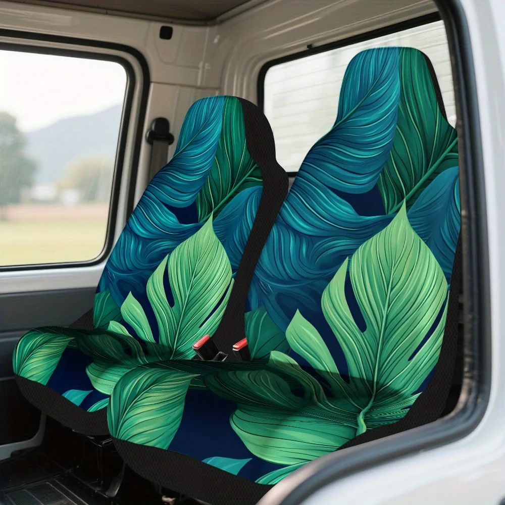 2pcs Tropical Green Leaves Print Car Seat Covers - Durable Polyester Front Seat Protectors, Fit For Most Vehicles, Easy To Insta