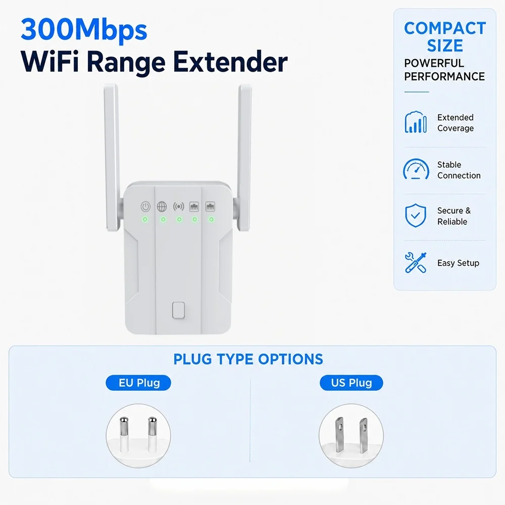 300Mbps Indoor Signal Booster Network Digital Extender 4G Signal Long Range 2*2dbi Antennas 300mbps Signal Booster Extender
