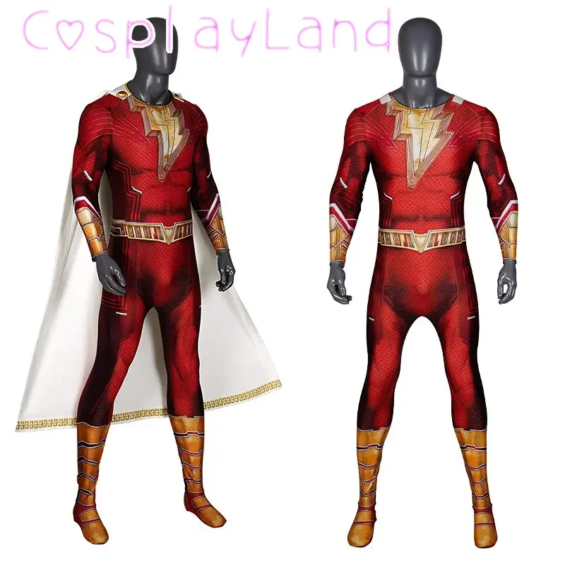 Fúria dos Deuses Cosplay Capitão Roupa Billy Batson Impressão Traje Adulto Macacão de Super-herói com Capa Carnaval de Halloween