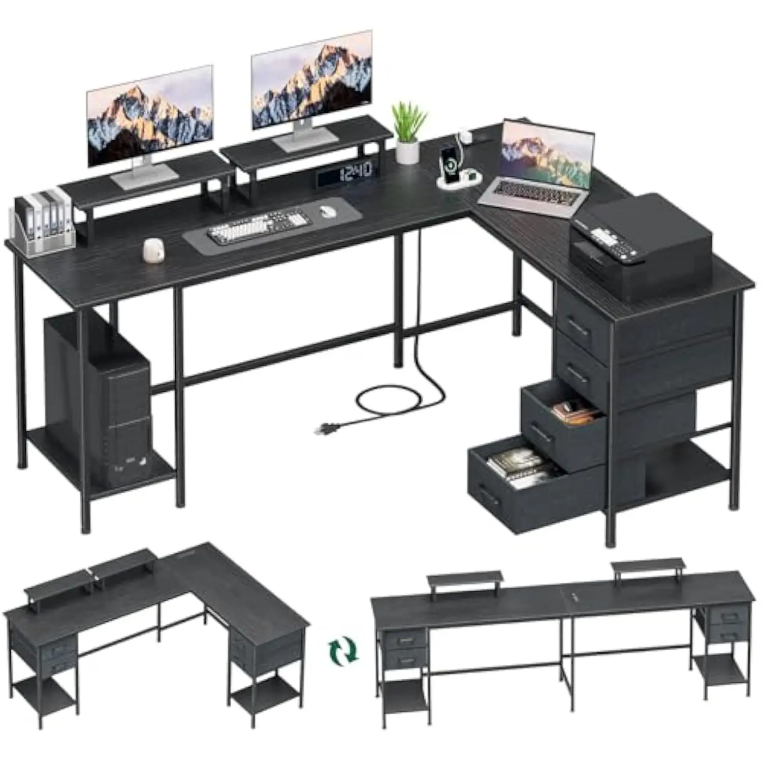 

66" L Shaped Computer Desk, 94.4'' Home Office Desk with Power Outlets, 4 Adjustable Storage Drawers & 2 Monitor Stands, Large