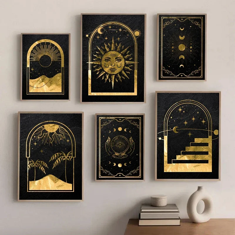 Multiple sizes 1pc frameless Canvas Painting Black Gold Mystical Tarot Sun Moon Magic Ball Poster Canvas Painting Print Wall Art