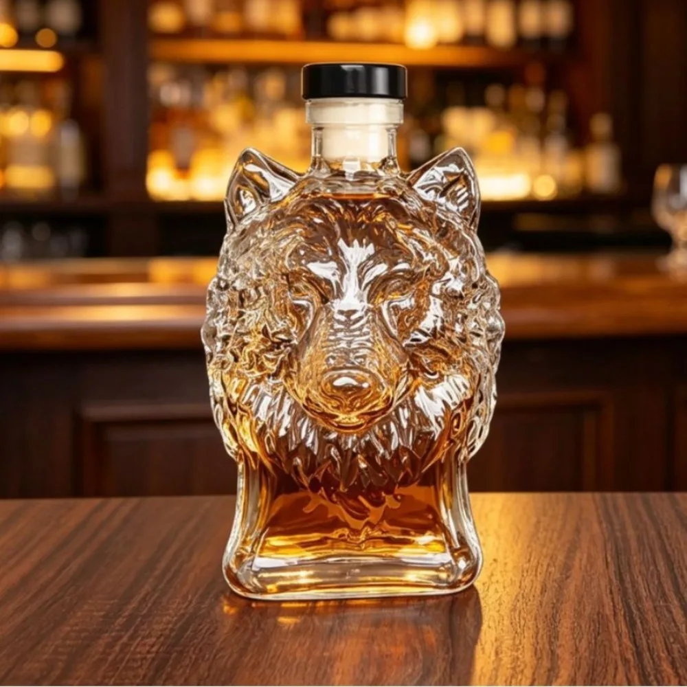 Class Glass Wolf Head Shape Wine Bottle Corrosion-resistant Leak-Proof Liquor Bottle Refillable Transparent Wine Decanter Bar