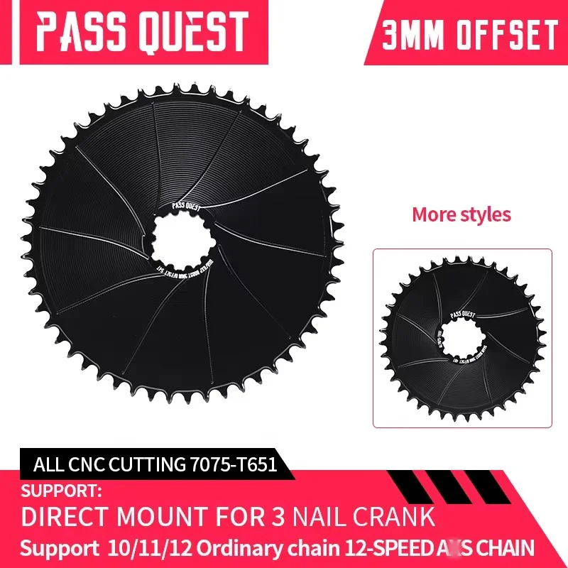 

PASS QUEST Bicycle Chainring 3mm Offset AERO Chainring Direct Mount ForAXS Flat Top Chain 12S Speed 3 Bolt