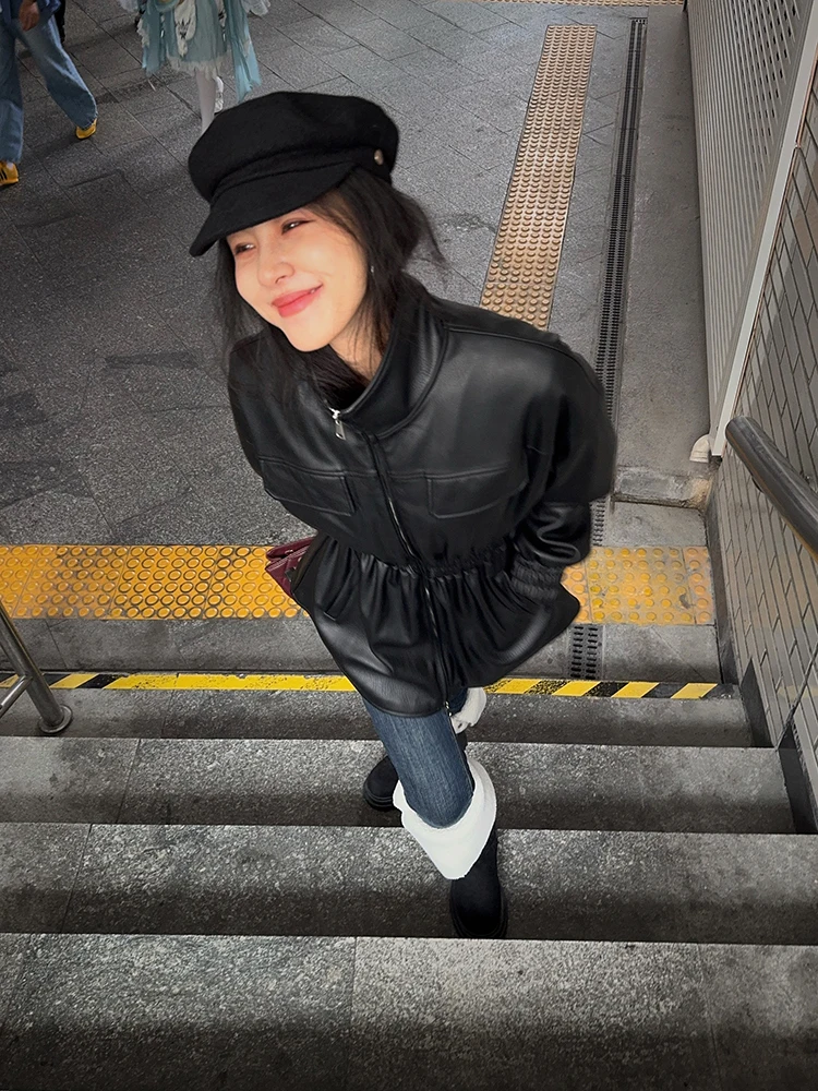 Cool Sle Thiened Winter Leren Jaet Dames Lange Sve Jas Opstaande Kraag Taille Naar binnen Winddicht Warm Bont Binnenkant